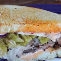 Brad'S Beef · ~ Served HOT ~ Roast Beef, provolone, green chiles, red onion, Russian dressing on White.