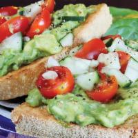 Avocado Toast · Avocado, bruschetta (tomato, cucumber, radish & seasoning), fresh basil, on a slice of toast...