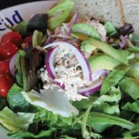 South By Southwest · Southwest turkey salad, avocado, cucumber, tomato, red onion, Ranch dressing on mixed greens.