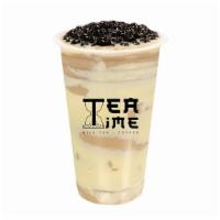 Milk Tea With Puff Cream · Black or green tea, black boba, puff cream.