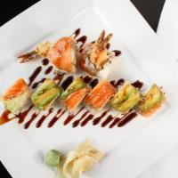 Perfect Roll · Shrimp tempura, cucumber, and crab rolled with salmon and avocado.
