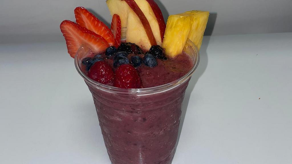 Peach Pit · Strawberry, blackberry, raspberry, banana, pineapple, apple juice. Very Refreshing!
