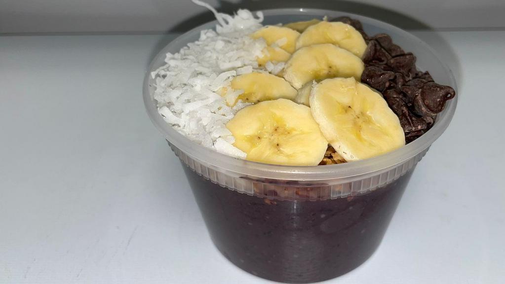 Bronco Bowl · raspberry, blueberry, almond or coconut milk, topped with Granola, banana, shredded coconut & Chocolate Chips