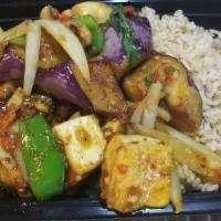 Angle Eggplant · Eggplants with bell peppers, sliced green onions, bell pepper, Chinese eggplant, thai basil,...