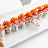 Playboy · shrimp tempura & avocado roll topped with tuna, eel sauce, spicy aioli & tobiko