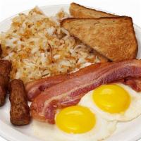 Eat! Your Breakfast · Not one, not two, but three grade eggs. Choose between thick-cut bacon, locally made sausage...