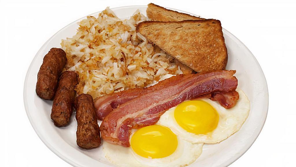 Eat! Your Breakfast · Not one, not two, but three grade eggs. Choose between thick-cut bacon, locally made sausage, braised short rib, or Argentinian chorizo from North Denver's Belfiores. Served with hash browns and toast.
