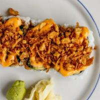 Crunchy Onion Roll · Imitation crab, cucumber strips, and avocado inside. 
Fried onion flakes, spicy mayo sauce, ...