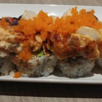 Dynamite California Roll · seafood (scallop, mix crab, tuna, salmon, albacore) mix baked w/ spicy mayonnaise sauce on a...
