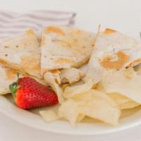 Kids Quesadilla · A Toasted Flour Tortilla, Filled with Gooey Cheese Served with Chips & a Juice Box