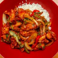 Chicken Chili  · Spiced deep fried chicken sauté with spiced and onion and pepper  served with basmati rice.