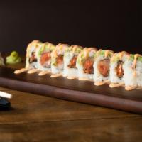 Stop Drop And Roll · Tuna, salmon, yellow tail, cucumber, sriracha, topped shrimp, avocado and spicy mayo.