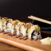 Dragon Roll · Crab mix and cucumber topped with avocado, fresh water eel and topped with eel sauce.