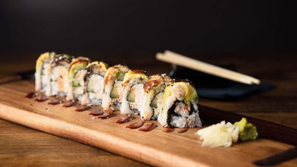 Dragon Roll · Crab mix and cucumber topped with avocado, fresh water eel and topped with eel sauce.