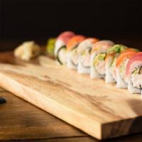 Rainbow Roll · Crab mix, avocado, cucumber topped with tuna, salmon, yellow tail, shrimp and avocado.