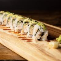 Caterpillar Roll* · Crab mix, fresh water eel, cucumber, topped with avocado and eel sauce.