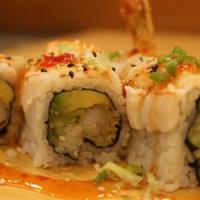 Double Shrimp Roll (8 Pcs) · Temp. shrimp, avo., cucumber, ebi, sweet chili sauce, gr. onion, sesame seeds.