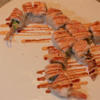 Scorpion (2 Rolls) · Temp. shrimp, soft shell crab, avo., ebi, spicy & eel sauce, sesame seeds.
