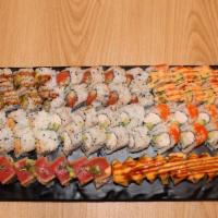 Sushi Platter · Spicy tuna roll, spicy salmon roll, bbq eel roll, oregon salmon roll, crab salad roll, Calif...