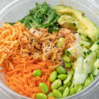 California Sunshine Poke Bowl · Spicy. Your choice of size and base, salmon, cucumber, crab meat, avocado, seaweed salad, ed...