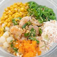 Ocean Mix Poke Bowl · Your choice of size and base, white shrimp, scallop, green onion, cilantro, seaweed salad, c...