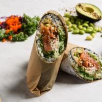 Sushi Burrito · Sushi rice base. Two scoops of protein in a machine pressed rice sheet wrapped with seaweed ...