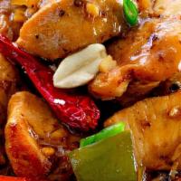 Kung Pao · Spicy. Chicken, beef, shrimp, pork or house. Stir fried with water chestnuts, bell pepper, o...