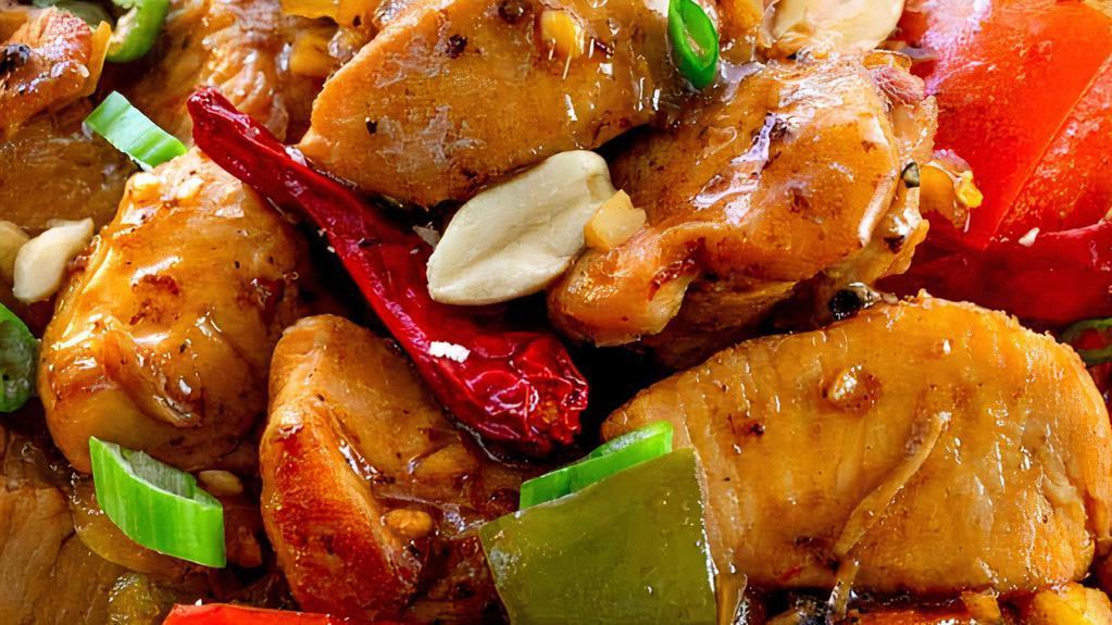 Kung Pao · Spicy. Chicken, beef, shrimp, pork or house. Stir fried with water chestnuts, bell pepper, onions, zucchini, celery and peanuts served in a spicy kung pao sauce.