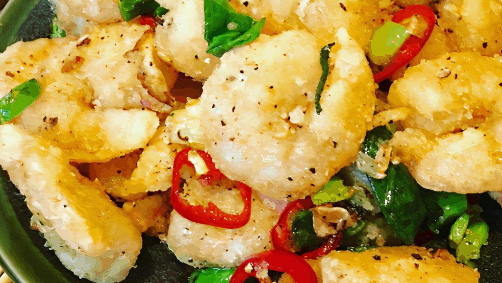 Salt & Pepper Shrimp · Spicy. Lightly breaded  shrimp wok tossed with onions, bell pepper, and dry chili pepper.