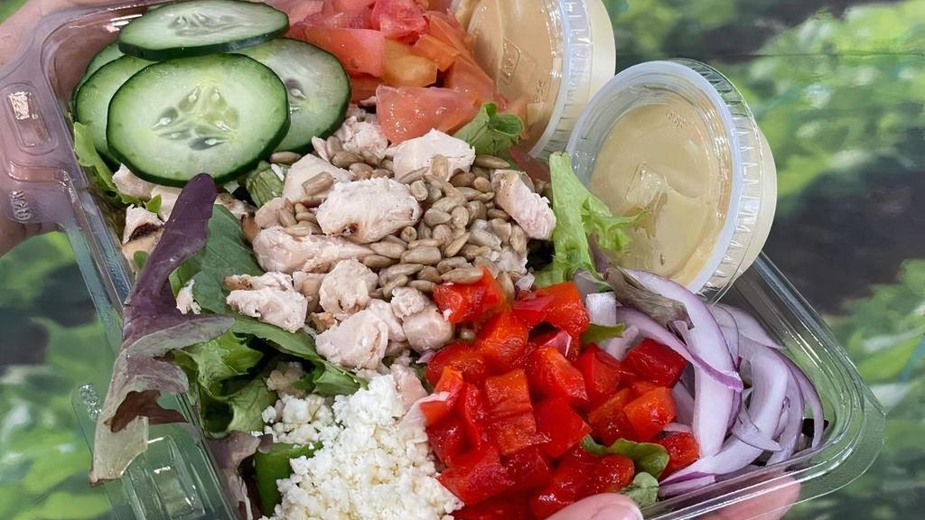 No 6* · Fresh mixed greens, chicken, sliced cucumbers, tomatoes, roasted red peppers, shaved red onions, feta, sunflower seeds, Zookz lemon aioli dressing