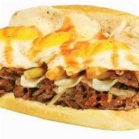 The Hangover · Grilled steak, onions, hot sauce, Cheddar cheese, topped with fried eggs and fresh-cut fries.
