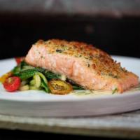 Brick Oven Salmon Oreganato* · Seasoned Breadcrumbs, Lemon, White Wine, Garlic Butter.