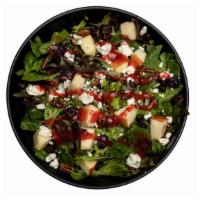 Apple Pecan Salad · Spring Mix, Apples, Craisins, Candied Pecans, Blue Cheese Crumbles, and Raspberry Vinaigrette