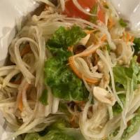 Som Tom Salad · Spicy. Green papaya, carrots, tomatoes and peanuts chili cooked in spicy lime sauce.( Spicy ...