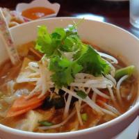  Noodles Soup · Spicy. Rice noodles with choice of meat served in our favorite tom yum soup.( Spicy level 1 )