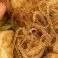 Sp13. Goong Woon Sen · Shrimp, glass noodles, garlic,bell pepper, black pepper, bacon, and celery steamed with spec...