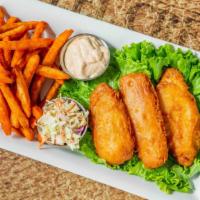Fish & Chips · Beer-battered cod, Cajun fries, house slaw, and Louisiana tartar sauce.