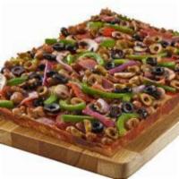 Medium Jackpot Pizza · Ham, Italian sausage, beef, mushrooms, green peppers, red onions, black olives, and green ol...