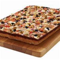 Large Mediterranean Chicken Pizza · Chicken, Feta, red onions, tomatoes, black and green olives, olive oil, and minced garlic.