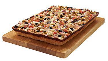 Large Mediterranean Chicken Pizza · Chicken, Feta, red onions, tomatoes, black and green olives, olive oil, and minced garlic.
