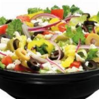 Regular Mediterranean Salad · Iceberg, romaine, fets, red onion, tomato, black and green olives and banana peppers (recomm...