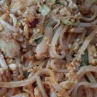 Pad Thai · Thailand renowned noodle dish. Blend of rice noodles with shrimp, chicken, egg, green onion ...