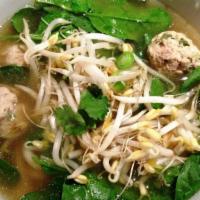 Chicken And Meatball Pho · Chicken and meatball in beef broth garnished with onion, scallion, cilantro, and a side of b...