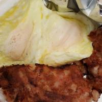Corned Beef Hash · Please list how you would like eggs done, and type of toast in comments.