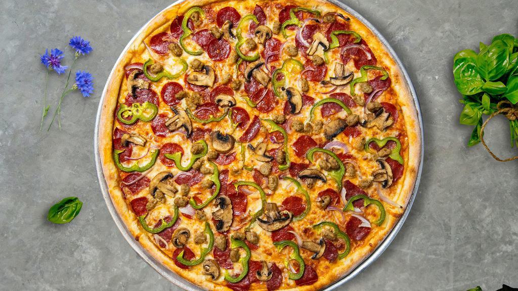 Locked And Loaded Pizza  · Fresh mushrooms, green peppers, red onions, pepperoni, and fresh mozzarella baked on a hand-tossed dough