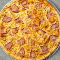 Hawaii Hunter Pizza  · Pineapples, ham and mozzarella cheese baked on a hand-tossed dough