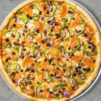 Veggie Vendetta Pizza  · Artichokes, onions, mushrooms, olives and green peppers baked on a hand-tossed dough.