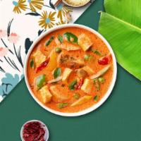 Red Zeppelin Curry · Red curry paste, bell pepper, basil, Thai eggplant and bamboo shoots.