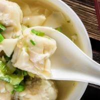 Won Ton Soup · clear soup with wonton stuffed with minced pork with cabbage, carrot, and green onion.