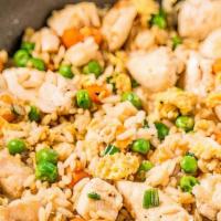 Chicken Fried Rice 鸡炒饭 · With onion, green onion, egg, peas and carrots and bean sprouts.